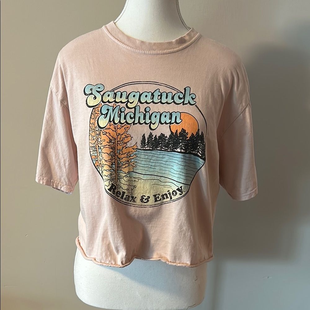 Distressed Oversized Saugatuck Michigan Cropped Graphic Tee. Size Medium